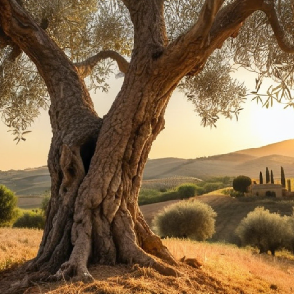 **

Prompt: Golden hour in Tuscany, ancient olive tree, peaceful landscape, warm light, evoking feelings of tranquility, authentic photography, depth of field.

**