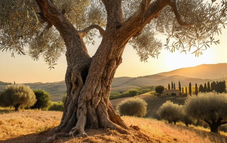 **
Prompt: Golden hour in Tuscany, ancient olive tree, peaceful landscape, warm light, evoking feelings of tranquility, authentic photography, depth of field.
**