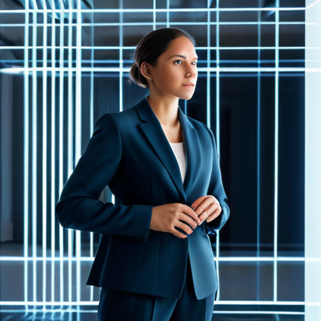 A professional brand strategist, female, fully clothed in a modest business blazer and trousers, stands in a sleek, modern studio workspace. She is looking thoughtfully at a large, transparent digital holographic display in front of her. The display shows abstract light patterns and subtle graphic elements, symbolizing brand storytelling and emotional resonance. The setting features soft, inviting lighting and a clean aesthetic. Perfect anatomy, correct proportions, natural pose, well-formed hands, proper finger count, natural body proportions, professional photography, high quality, safe for work, appropriate content, professional dress, appropriate attire.