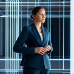 A professional brand strategist, female, fully clothed in a modest business blazer and trousers, stands in a sleek, modern studio workspace. She is looking thoughtfully at a large, transparent digital holographic display in front of her. The display shows abstract light patterns and subtle graphic elements, symbolizing brand storytelling and emotional resonance. The setting features soft, inviting lighting and a clean aesthetic. Perfect anatomy, correct proportions, natural pose, well-formed hands, proper finger count, natural body proportions, professional photography, high quality, safe for work, appropriate content, professional dress, appropriate attire.
