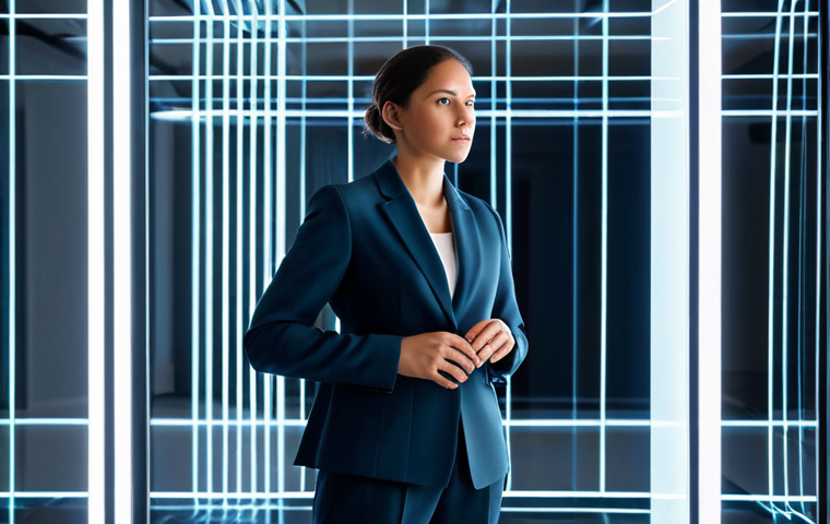 A professional brand strategist, female, fully clothed in a modest business blazer and trousers, stands in a sleek, modern studio workspace. She is looking thoughtfully at a large, transparent digital holographic display in front of her. The display shows abstract light patterns and subtle graphic elements, symbolizing brand storytelling and emotional resonance. The setting features soft, inviting lighting and a clean aesthetic. Perfect anatomy, correct proportions, natural pose, well-formed hands, proper finger count, natural body proportions, professional photography, high quality, safe for work, appropriate content, professional dress, appropriate attire.