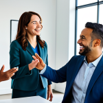 A diverse group of professional adults, fully clothed in modest business attire, engaging in collaborative discussion in a modern, bright office setting. They are smiling genuinely, fostering an atmosphere of connection and shared values. The scene emphasizes authentic human interaction and community building. Perfect anatomy, correct proportions, natural pose, well-formed hands, proper finger count, natural body proportions. Professional photography, high quality, safe for work, appropriate content, fully clothed, professional, family-friendly.