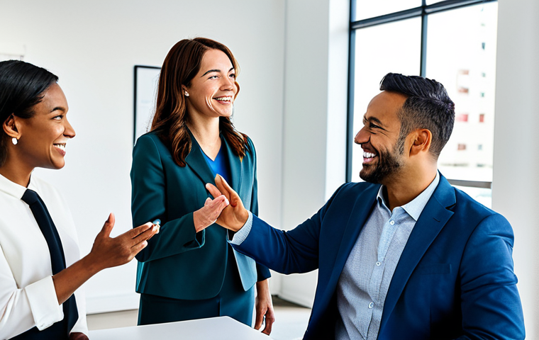 A diverse group of professional adults, fully clothed in modest business attire, engaging in collaborative discussion in a modern, bright office setting. They are smiling genuinely, fostering an atmosphere of connection and shared values. The scene emphasizes authentic human interaction and community building. Perfect anatomy, correct proportions, natural pose, well-formed hands, proper finger count, natural body proportions. Professional photography, high quality, safe for work, appropriate content, fully clothed, professional, family-friendly.