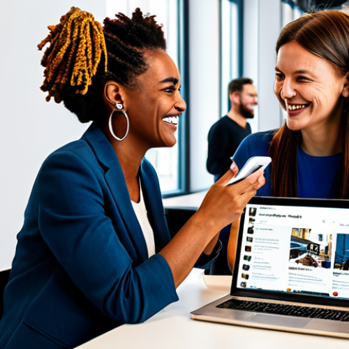 Personalized Marketing Success**

"A diverse group of people smiling and engaging with their smartphones and laptops, receiving personalized offers and content related to fashion, travel, and local events, displayed on the screens. The background should be a modern, bright co-working space in Berlin. Depict a sense of connection and enjoyment. Focus on positive emotions and engagement. The scene should look professional and modern. fully clothed, appropriate attire, safe for work, perfect anatomy, natural proportions, professional photography, high quality."

**