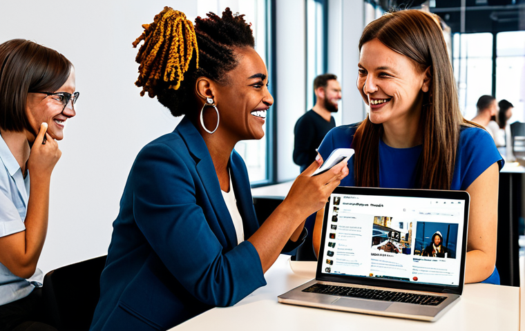 Personalized Marketing Success**

"A diverse group of people smiling and engaging with their smartphones and laptops, receiving personalized offers and content related to fashion, travel, and local events, displayed on the screens. The background should be a modern, bright co-working space in Berlin. Depict a sense of connection and enjoyment. Focus on positive emotions and engagement. The scene should look professional and modern. fully clothed, appropriate attire, safe for work, perfect anatomy, natural proportions, professional photography, high quality."

**