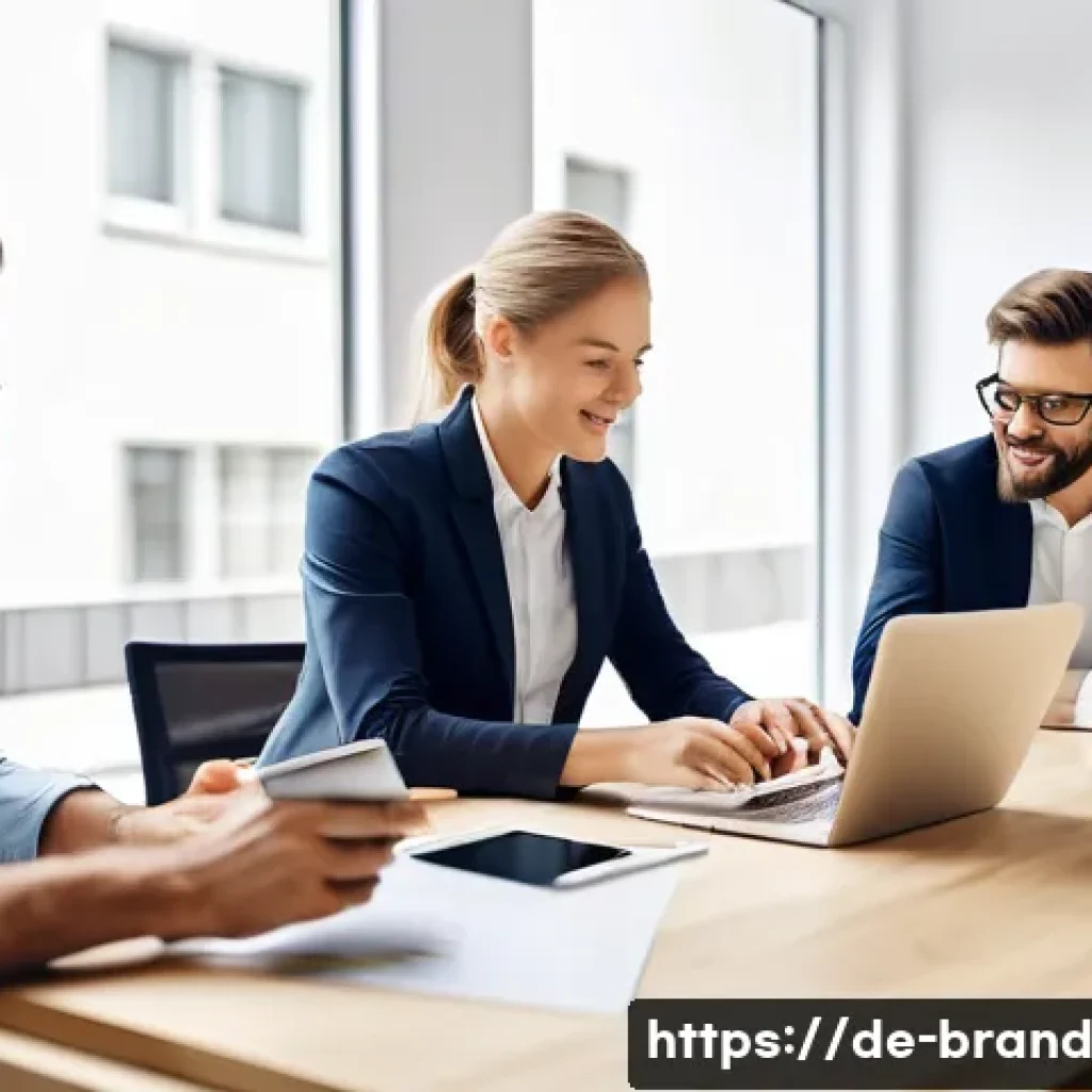 브랜드 신뢰도와 온라인 평판 관리 - A modern German small business office scene showing a diverse team of professionals actively monitor...