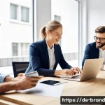 브랜드 신뢰도와 온라인 평판 관리 - A modern German small business office scene showing a diverse team of professionals actively monitor...