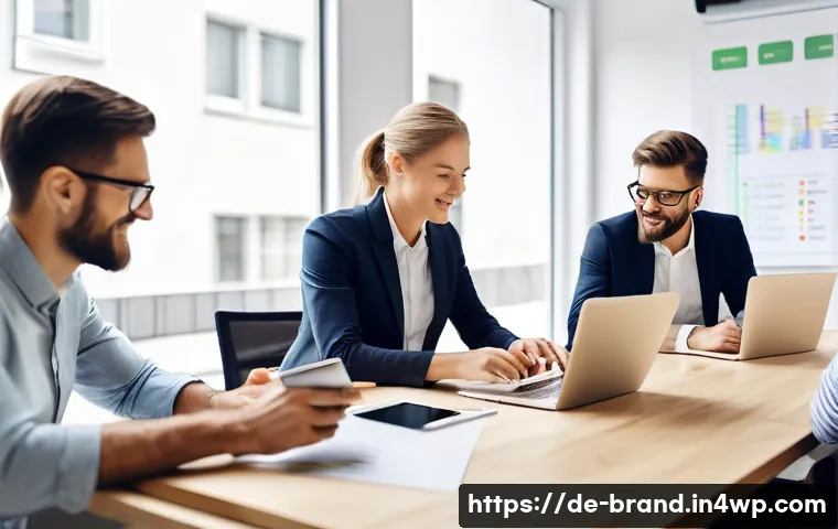 브랜드 신뢰도와 온라인 평판 관리 - A modern German small business office scene showing a diverse team of professionals actively monitor...