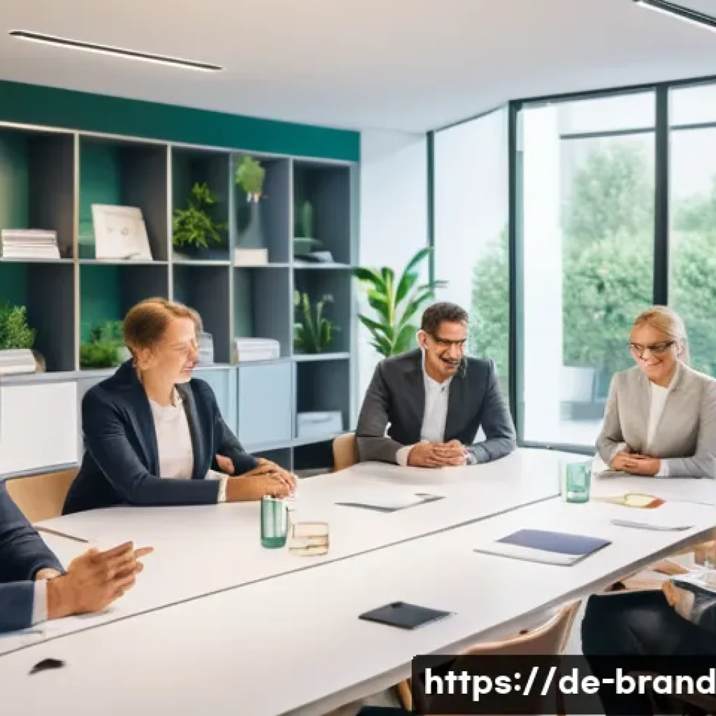 브랜드 리더십과 조직 내부 브랜딩 - A modern corporate office scene in Germany featuring a diverse team of professionals engaged in an o...