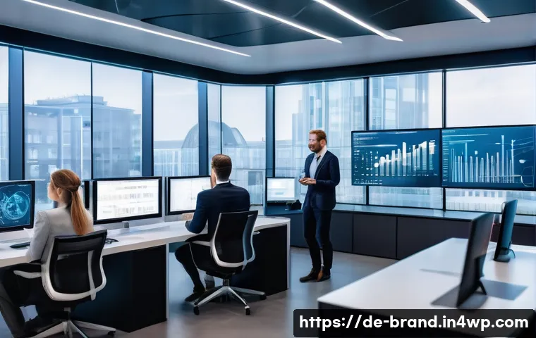 온라인 브랜드마케팅의 미래 전망 - A futuristic digital marketing control room with multiple transparent screens displaying real-time A...