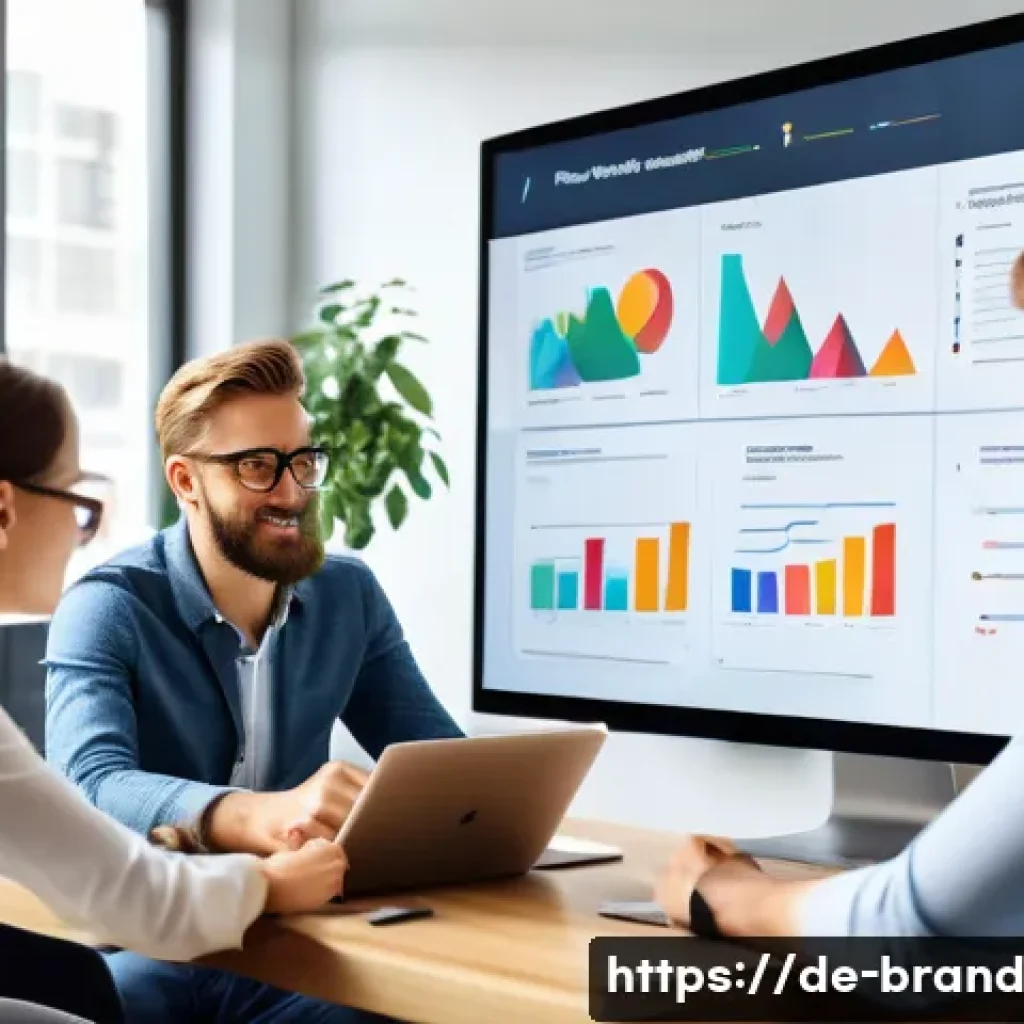 브랜드의 소셜 미디어 존재감 측정하기 - A modern office setting with a diverse team of young German marketing professionals gathered around ...