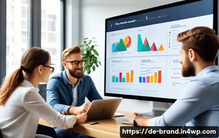 브랜드의 소셜 미디어 존재감 측정하기 - A modern office setting with a diverse team of young German marketing professionals gathered around ...