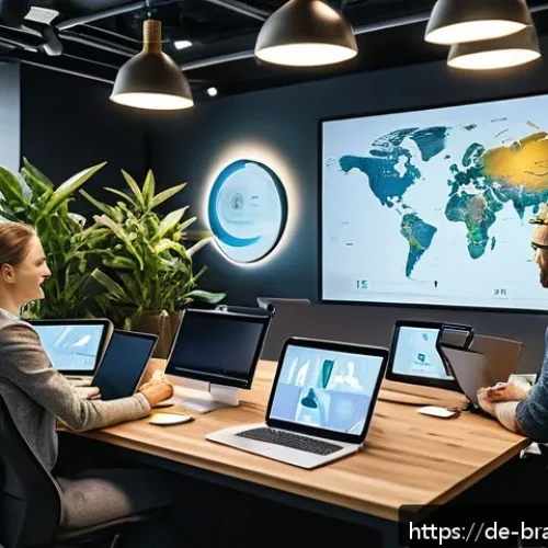 Home 33 온라인 브랜딩 캠페인 사례 분석 - A modern German online branding office scene showcasing a diverse marketing team collaborating on su...