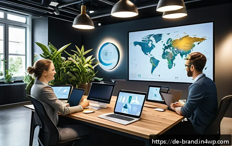 온라인 브랜딩 캠페인 사례 분석 - A modern German online branding office scene showcasing a diverse marketing team collaborating on su...
