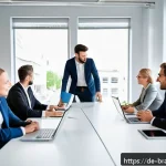 Home 20 온라인 브랜드 보이스 구축하기 - A modern German office scene showcasing a diverse team of professionals collaborating around a sleek...
