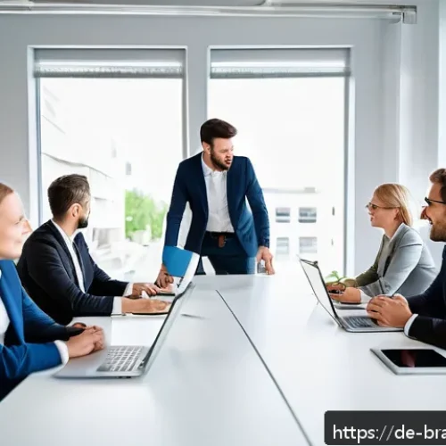 Home 32 온라인 브랜드 보이스 구축하기 - A modern German office scene showcasing a diverse team of professionals collaborating around a sleek...