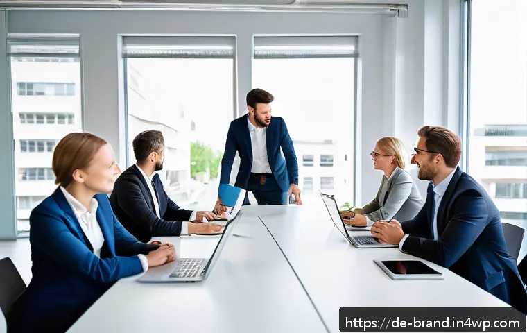 온라인 브랜드 보이스 구축하기 - A modern German office scene showcasing a diverse team of professionals collaborating around a sleek...