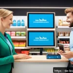Home 19 브랜딩을 위한 고객 여정 맵 만들기 - A modern German retail store scene showing a friendly customer service interaction at a digital kios...