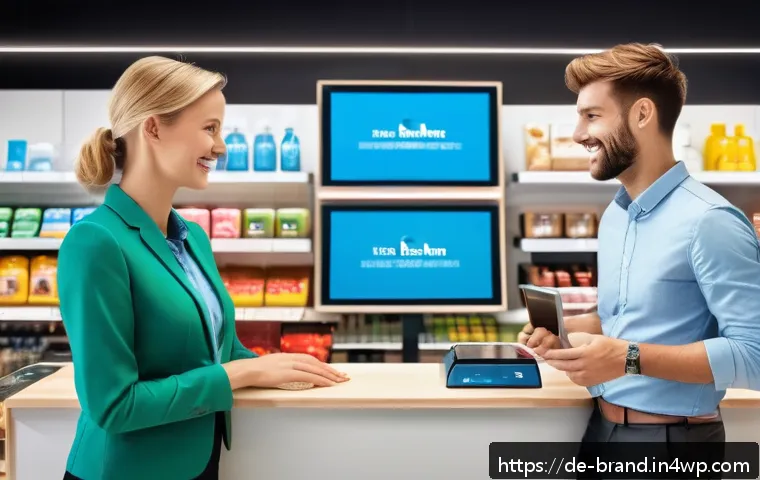 브랜딩을 위한 고객 여정 맵 만들기 - A modern German retail store scene showing a friendly customer service interaction at a digital kios...