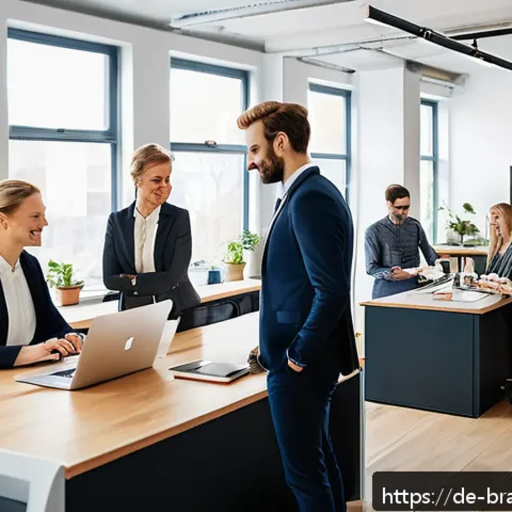 브랜드 가치 제안 만들기 위한 전략 - A modern office scene showcasing a diverse team of German marketing professionals collaborating on a...