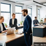 Home 18 브랜드 가치 제안 만들기 위한 전략 - A modern office scene showcasing a diverse team of German marketing professionals collaborating on a...