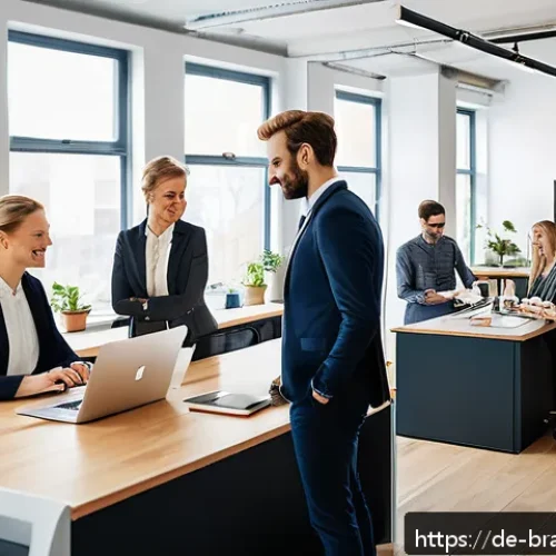 Home 30 브랜드 가치 제안 만들기 위한 전략 - A modern office scene showcasing a diverse team of German marketing professionals collaborating on a...