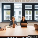 Home 23 브랜드 스토리의 힘을 활용하는 방법 - A warm, authentic office environment in Germany showing a diverse team of employees collaborating on...