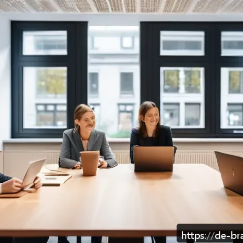 Home 17 브랜드 스토리의 힘을 활용하는 방법 - A warm, authentic office environment in Germany showing a diverse team of employees collaborating on...