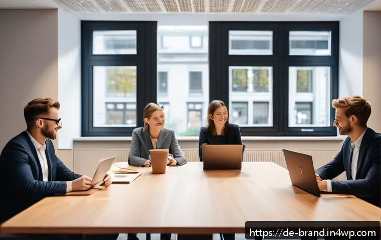 브랜드 스토리의 힘을 활용하는 방법 - A warm, authentic office environment in Germany showing a diverse team of employees collaborating on...